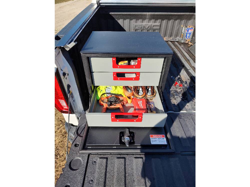 pickup truck tools stored in lower drawer toolbox