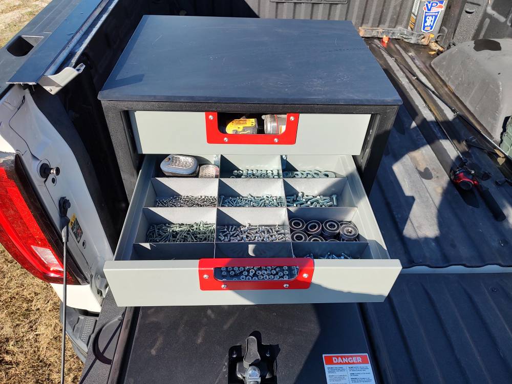 pickup truck tools stored in middle drawer toolbox