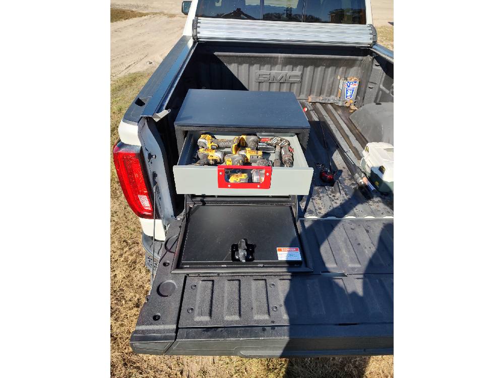 pickup truck tools stored in upper drawer toolbox